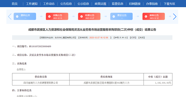 喜訊！瑞方人力再次中標武侯區人社局靈活從業勞務市場運營服務采購項目 第1張